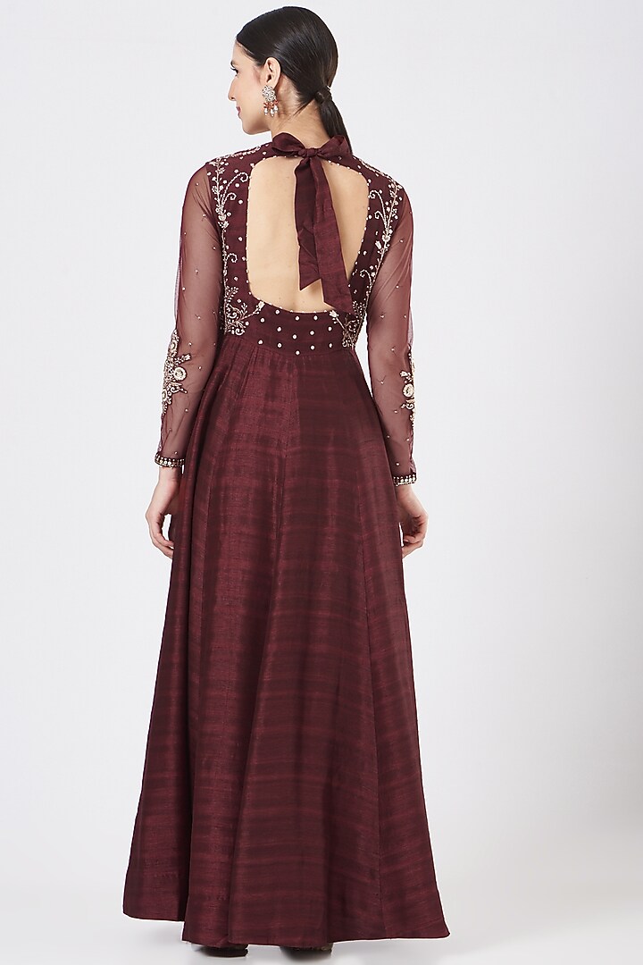 Wine Silk Embroidered Wedding Anarkali Set by Ivory by dipika at Pernia's Pop Up Shop