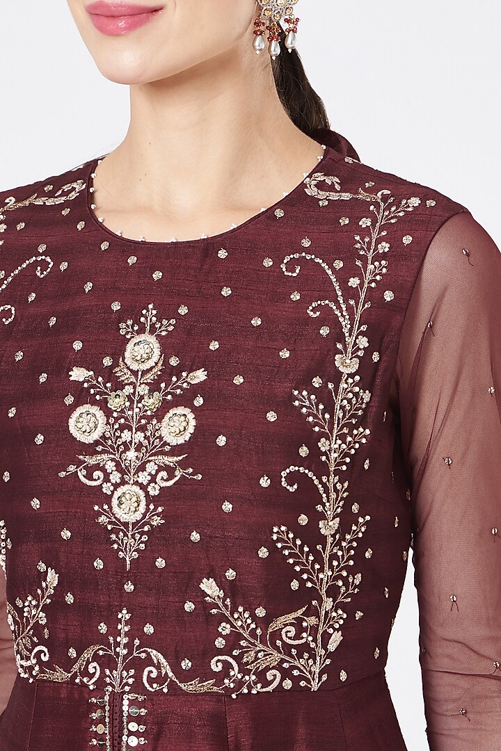 Wine Silk Embroidered Wedding Anarkali Set by Ivory by dipika at Pernia's Pop Up Shop