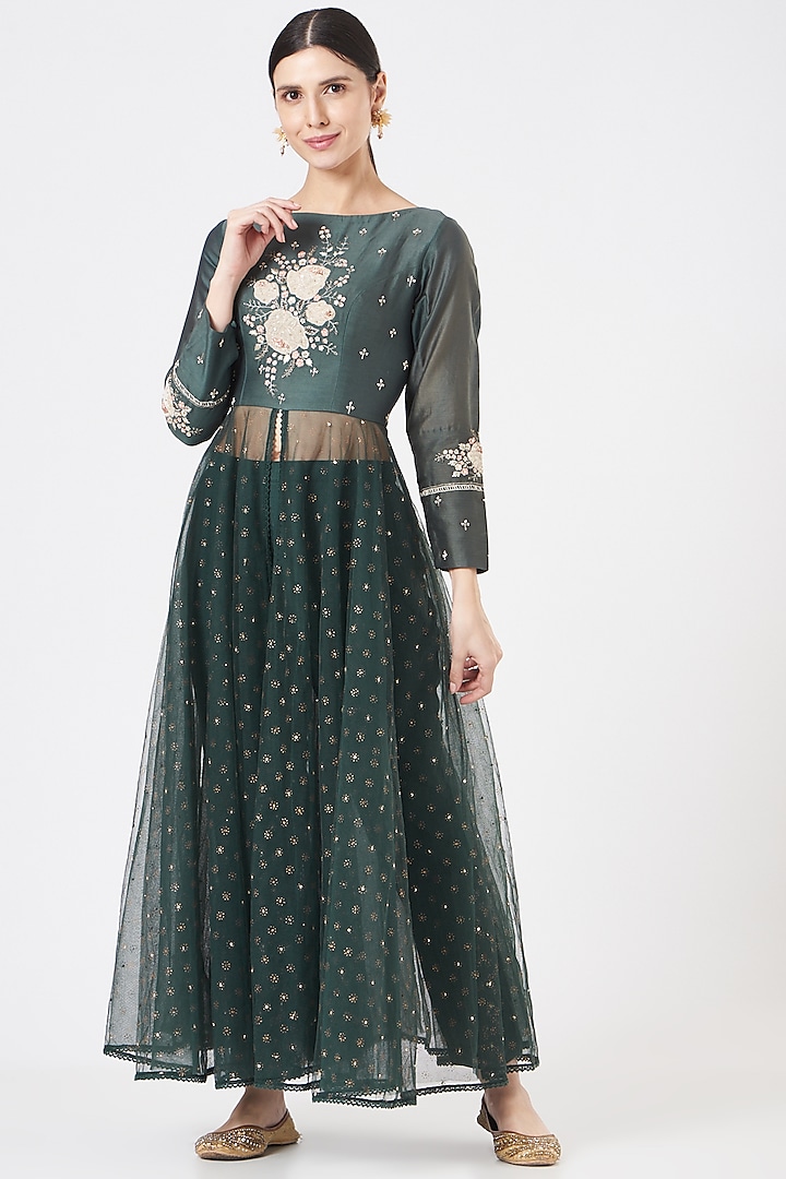 Teal Chanderi Embroidered Anarkali Set by Ivory by dipika
