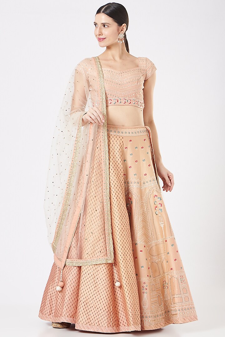 Pale Pink Embroidered Lehenga Set by Ivory by dipika