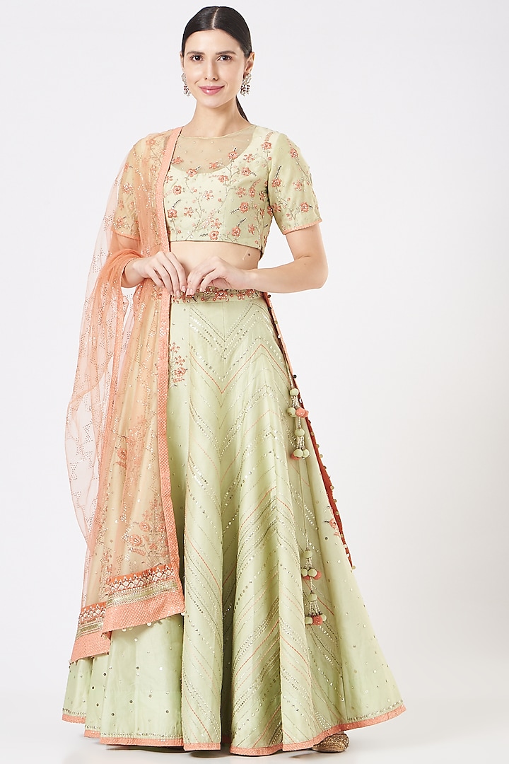 Mint Embroidered Lehenga Set by Ivory by dipika