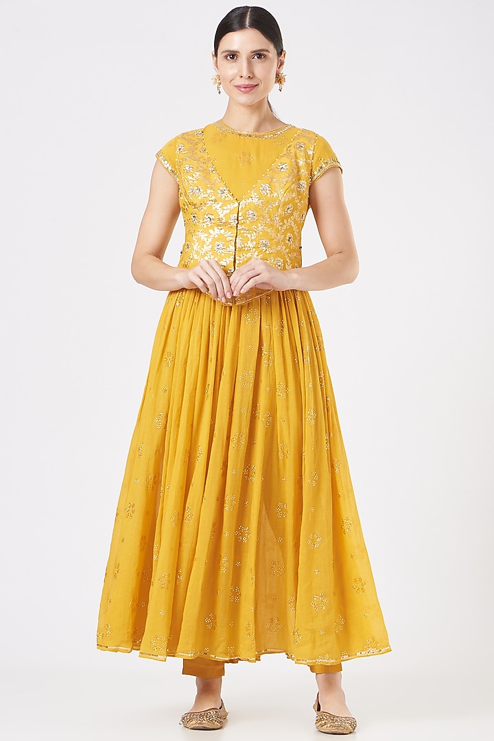 Mustard Cotton Crinkled Party Wear Anarkali Set  by Ivory by dipika at Pernia's Pop Up Shop