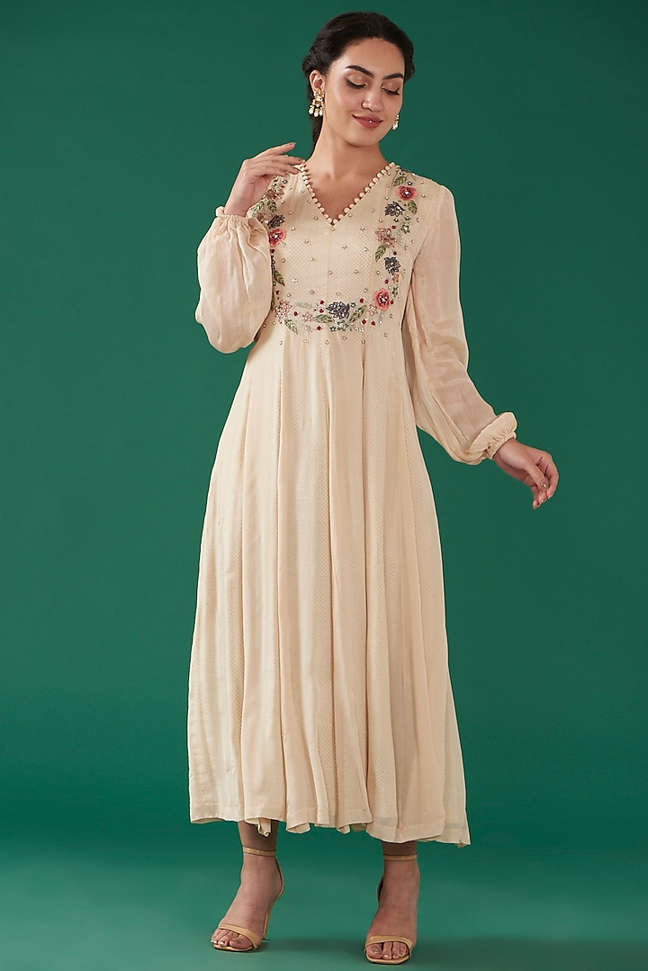 Beige Chinon Chiffon Hand Embroidered Dress by Ivory by dipika