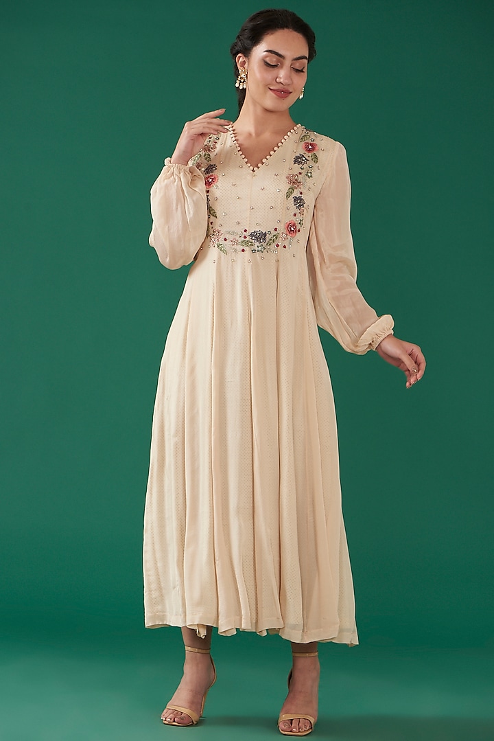 Beige Chinon Chiffon Hand Embroidered Dress by Ivory by dipika at Pernia's Pop Up Shop