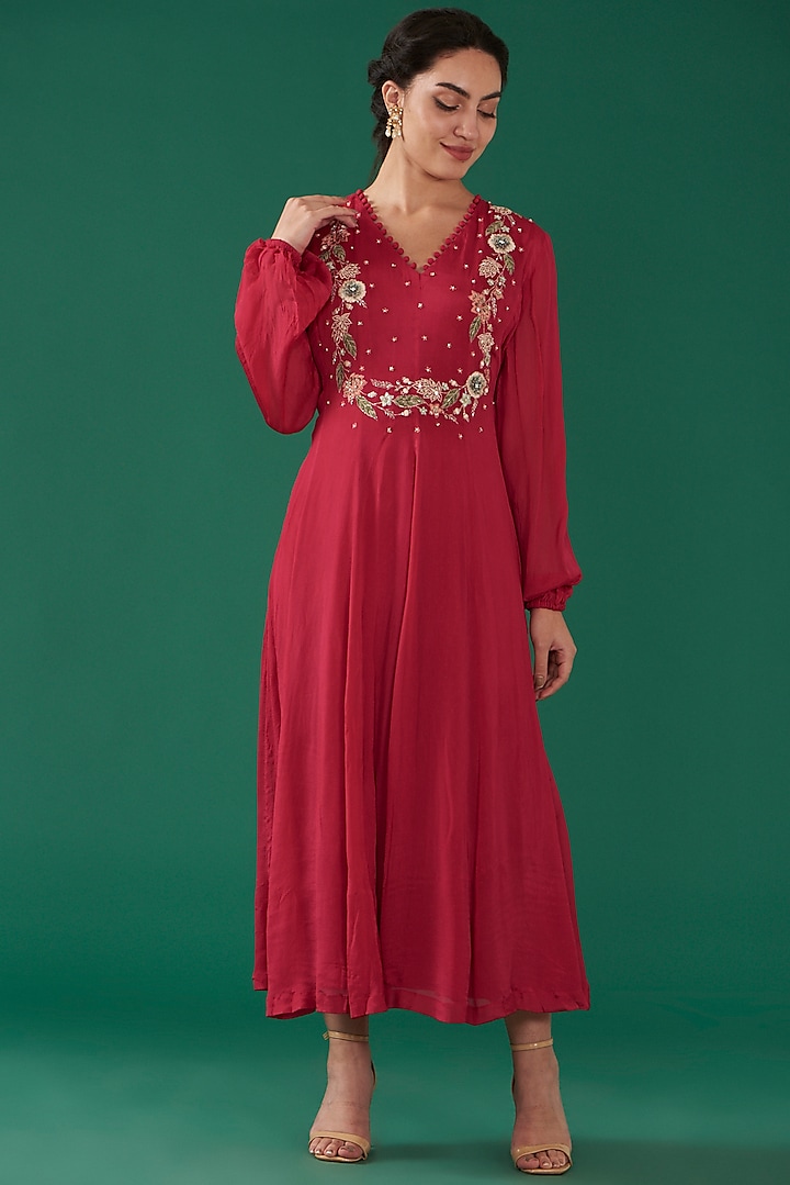Cherry Red Chinon Chiffon Hand Embroidered Dress by Ivory by dipika
