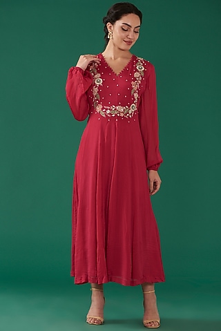 Cherry Red Chinon Chiffon Hand Embroidered Dress by Ivory by dipika