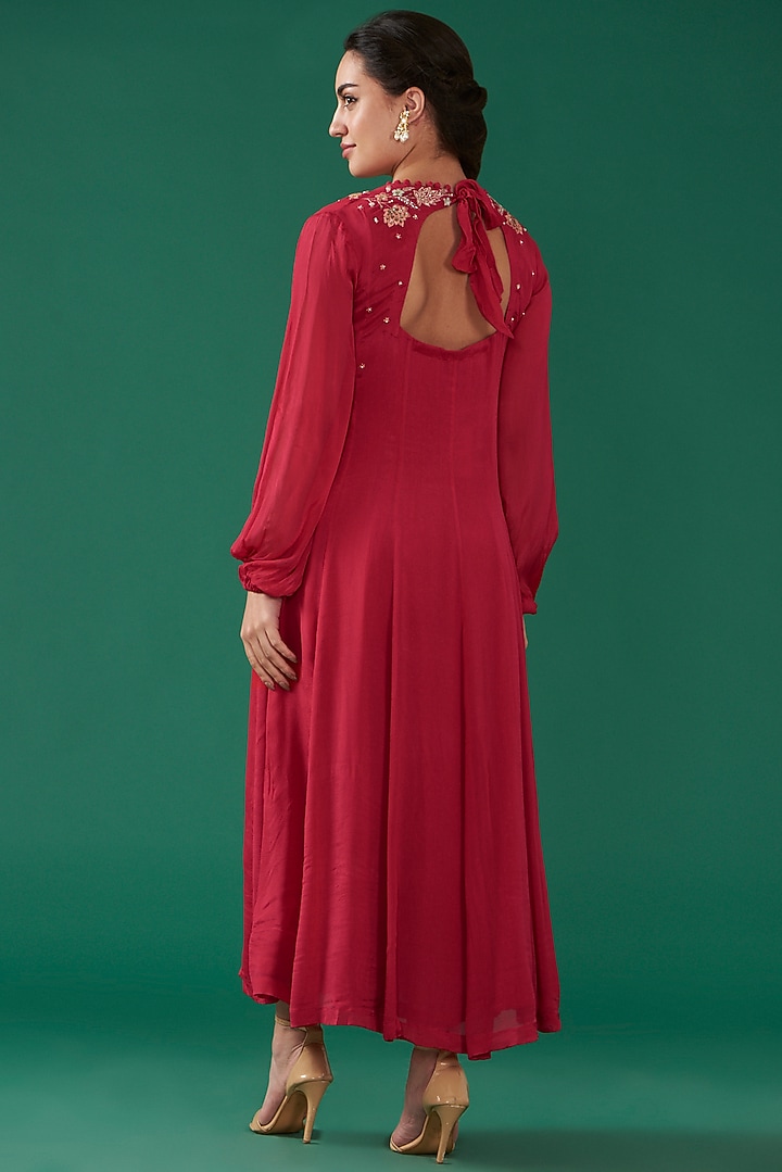 Cherry Red Chinon Chiffon Hand Embroidered Vacation Dress by Ivory by dipika at Pernia's Pop Up Shop