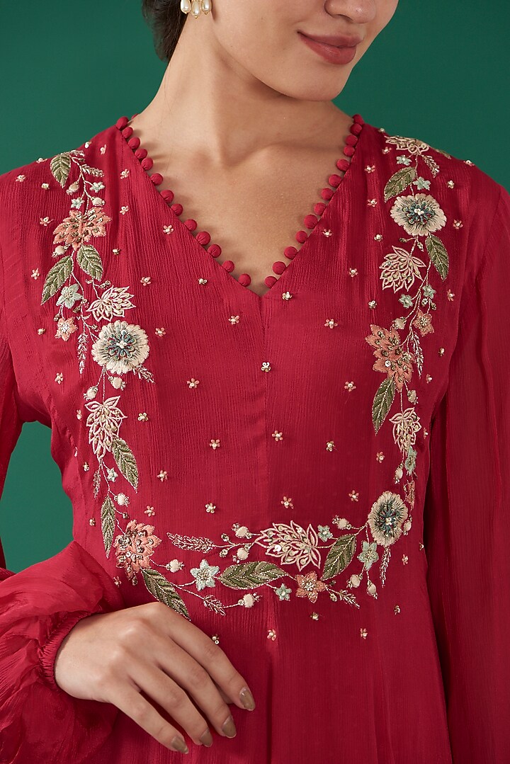 Cherry Red Chinon Chiffon Hand Embroidered Vacation Dress by Ivory by dipika at Pernia's Pop Up Shop
