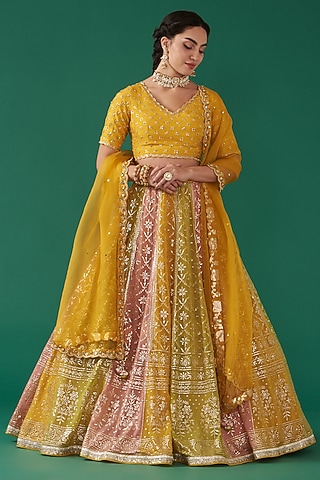Multi-Colored Viscose Georgette Embroidered Kalidar Lehenga Set by Ivory by dipika
