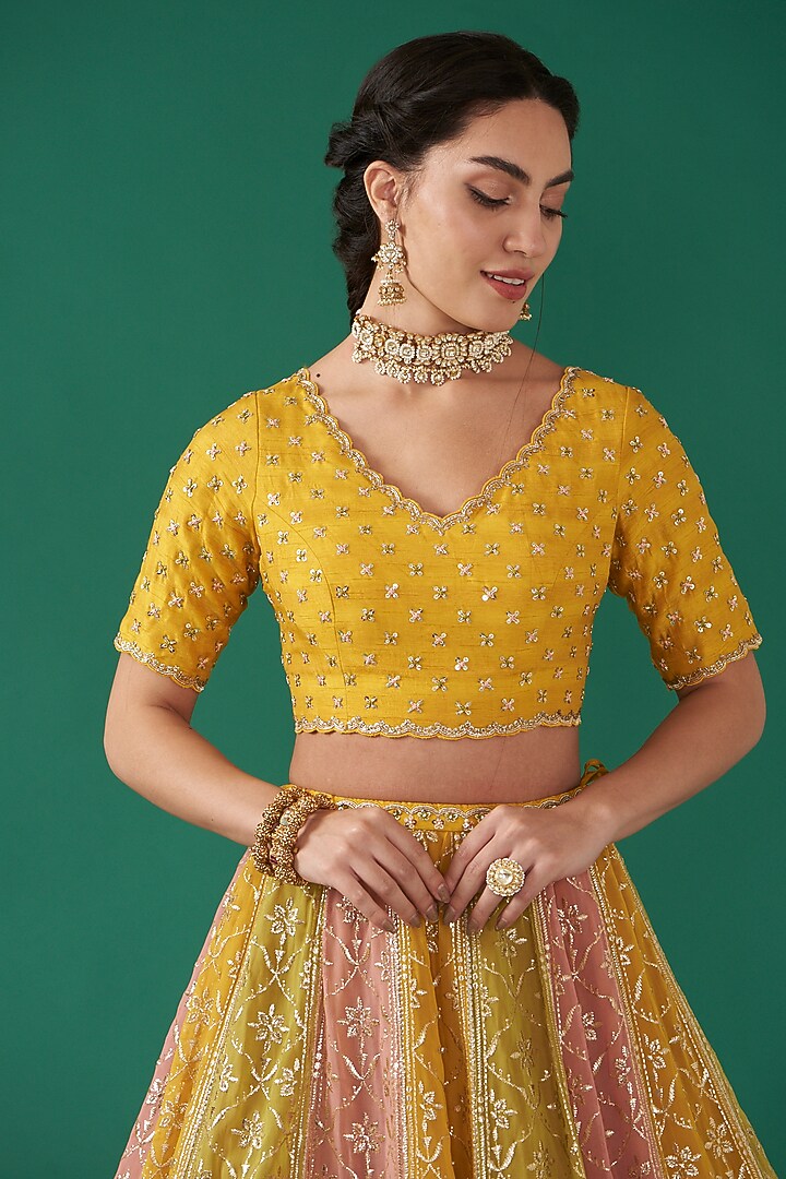 Multi-Colored Viscose Georgette Embroidered Kalidar Wedding Lehenga Set by Ivory by dipika at Pernia's Pop Up Shop