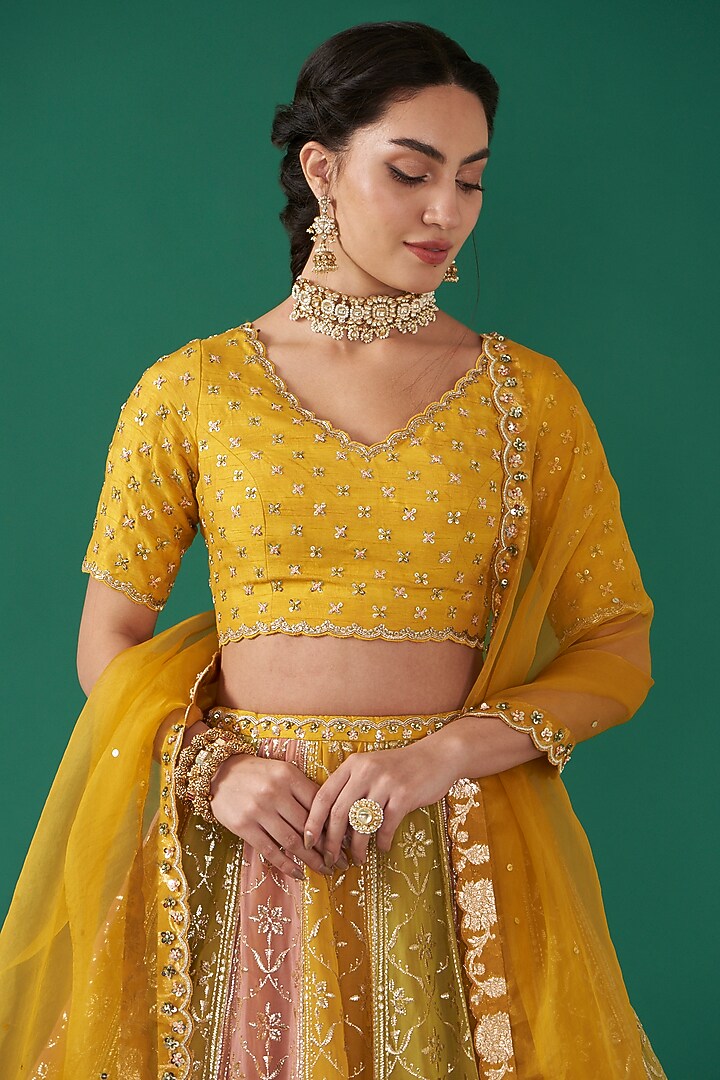 Multi-Colored Viscose Georgette Embroidered Kalidar Wedding Lehenga Set by Ivory by dipika at Pernia's Pop Up Shop