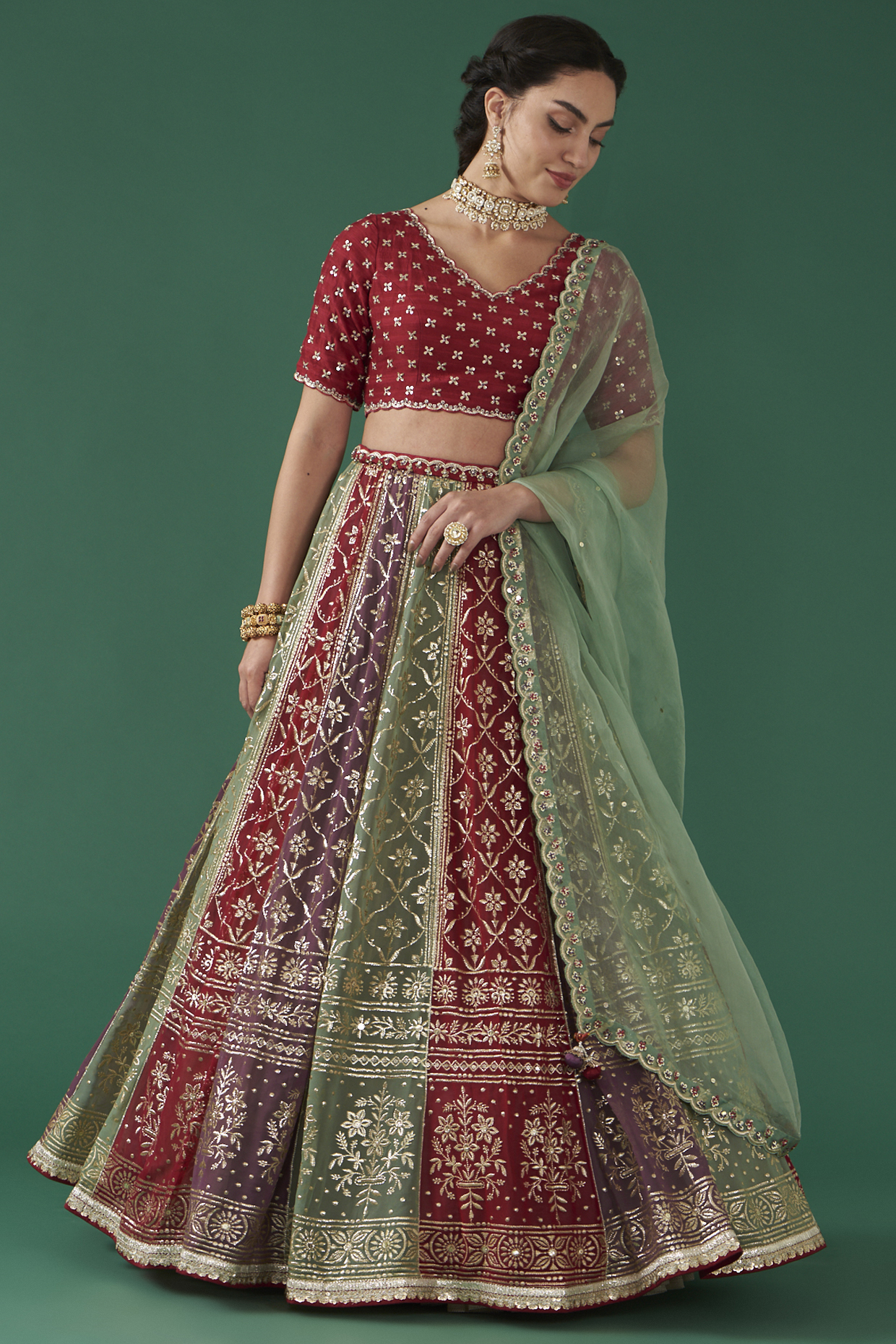 Multi-Colored Viscose Georgette Embroidered Kalidar Wedding Lehenga Set by Ivory by dipika at Pernia's Pop Up Shop