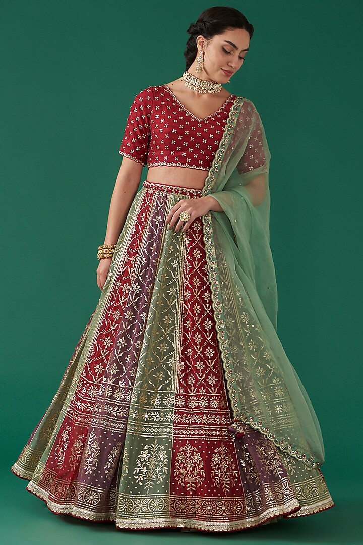 Multi-Colored Viscose Georgette Embroidered Kalidar Wedding Lehenga Set by Ivory by dipika at Pernia's Pop Up Shop