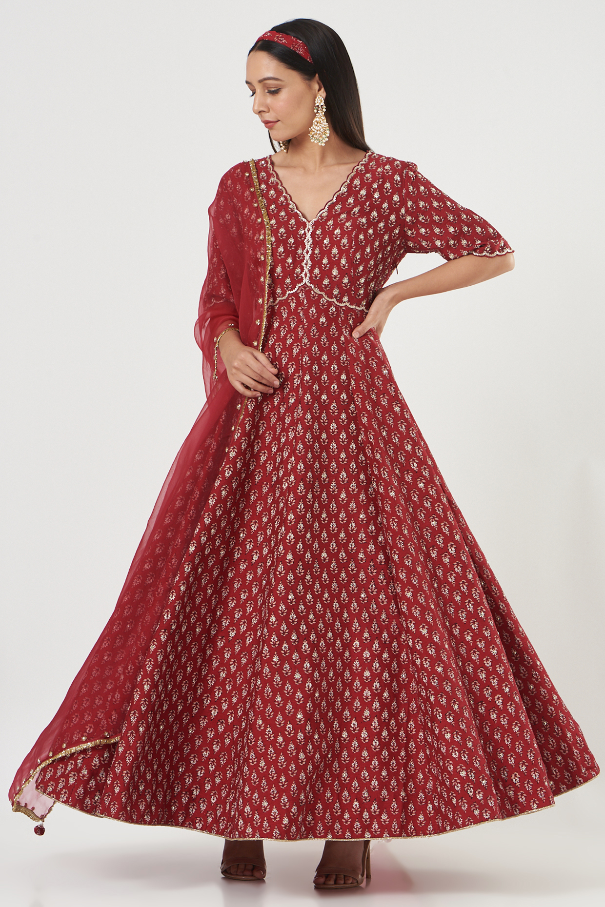 Cherry Red Printed Wedding Anarkali Set by Ivory by dipika at Pernia's Pop Up Shop