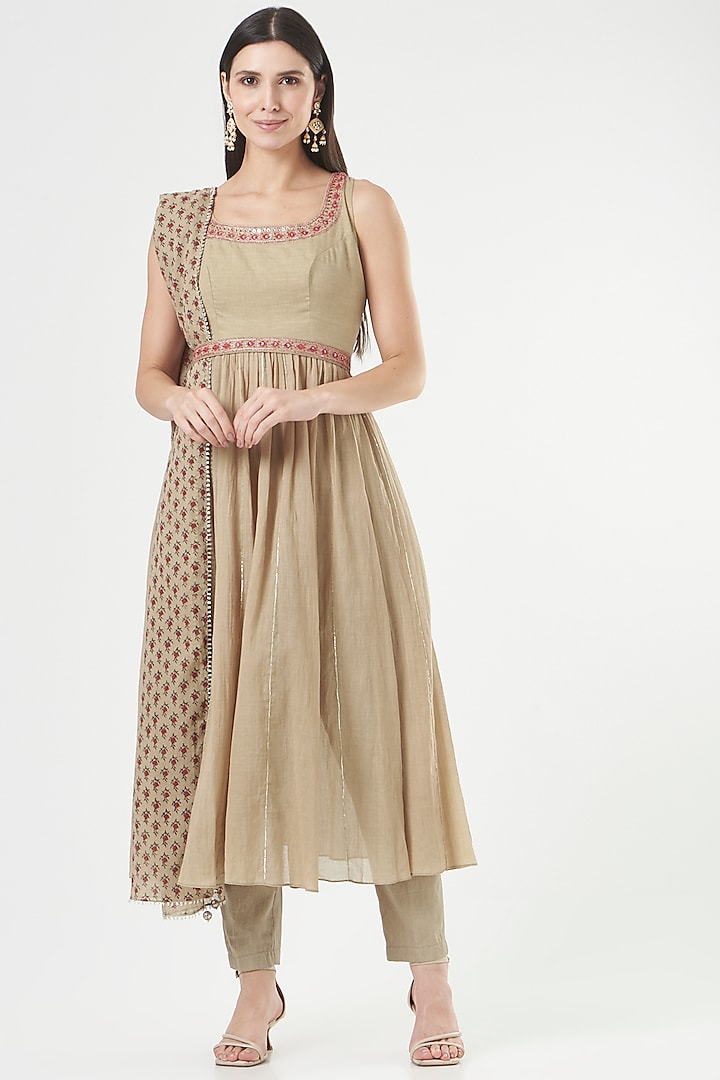 Beige Embroidered Anarkali Set by Ivory by dipika