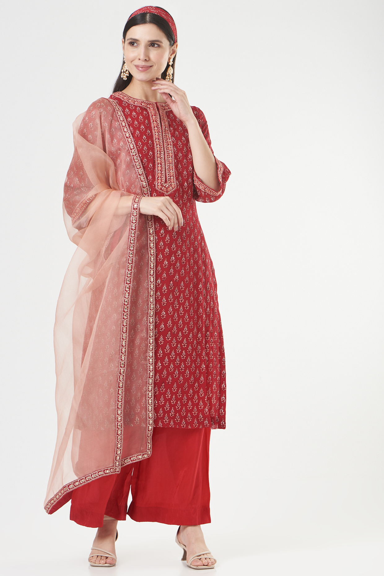 Cherry Red Embroidered Kurta Set by Ivory by dipika at Pernia's Pop Up Shop