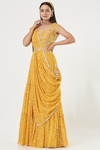 Mustard Printed Lehenga Set by Ivory by dipika