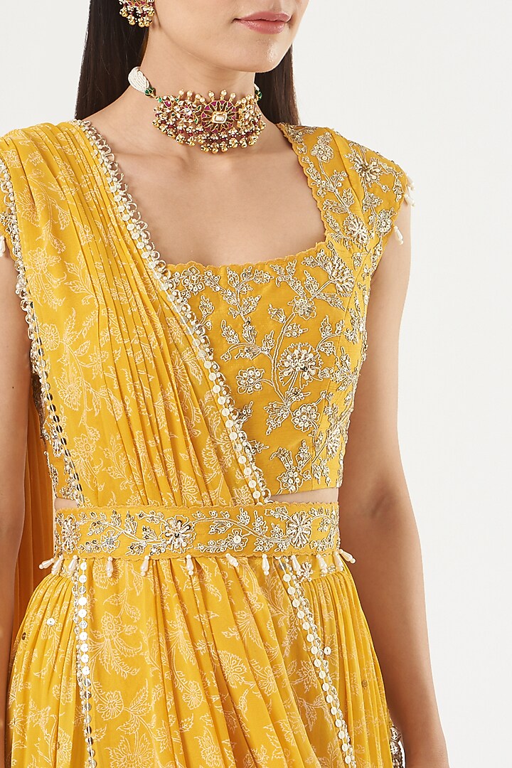 Mustard Printed Wedding Lehenga Set by Ivory by dipika at Pernia's Pop Up Shop