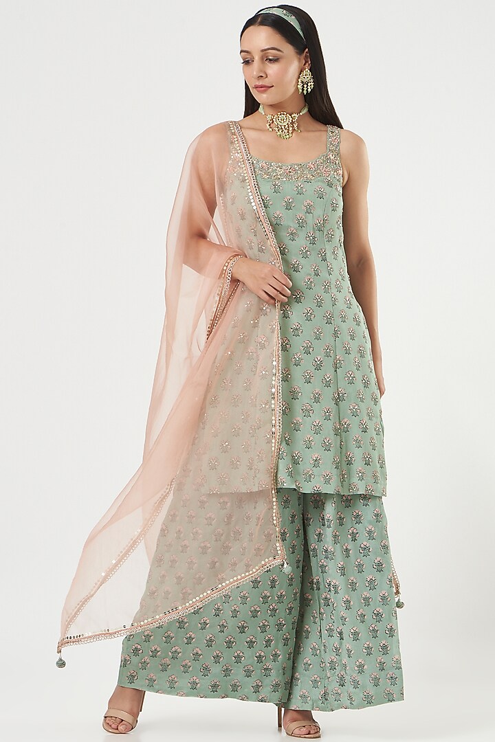 Aqua Printed Wedding Sharara Set by Ivory by dipika at Pernia's Pop Up Shop