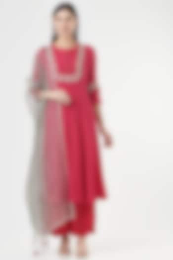 Hot Pink Embroidered Anarkali Set by Ivory by dipika