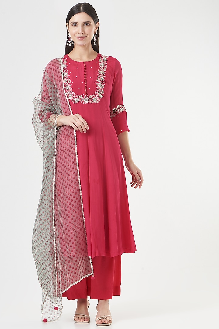 Hot Pink Embroidered Anarkali Set by Ivory by dipika