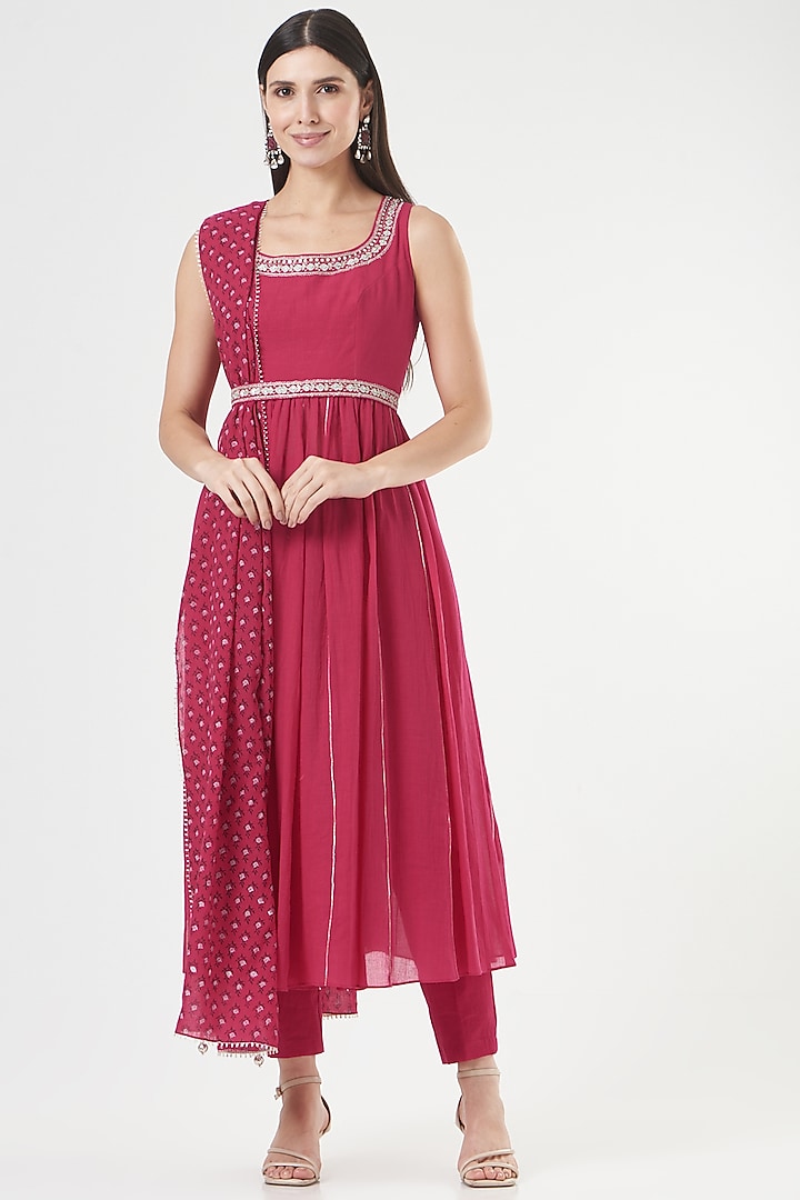 Hot Pink Cotton Embroidered Anarkali Set by Ivory by dipika