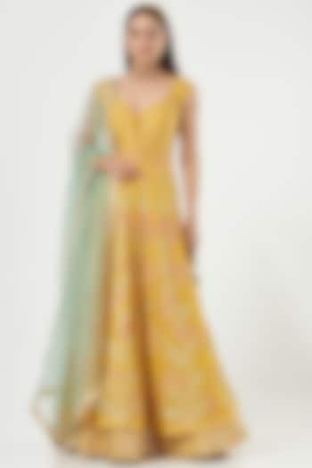 Mustard Embroidered Anarkali Set by Ivory by dipika