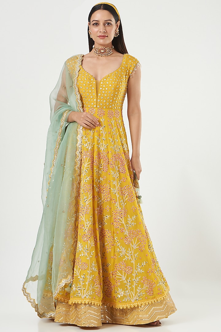 Mustard Embroidered Anarkali Set by Ivory by dipika