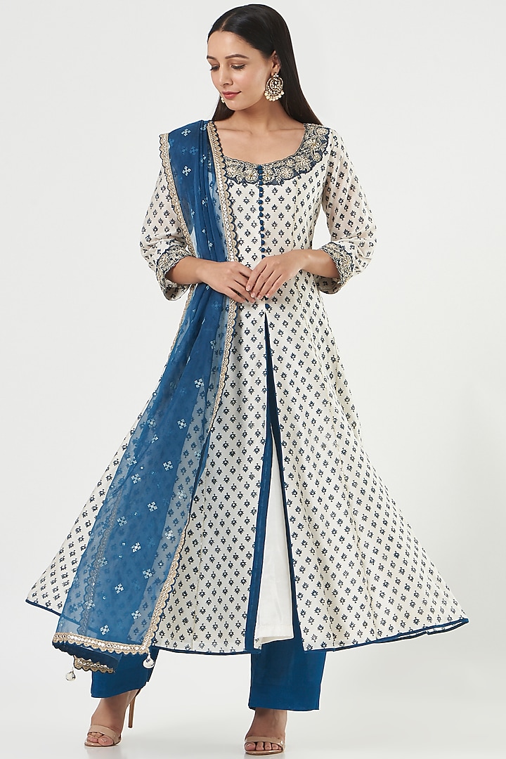 Ivory & Blue Embroidered Anarkali Set by Ivory by dipika