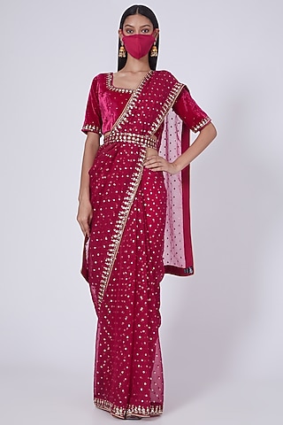 Cherry Red Sequins Embroidered Saree Set With Mask by Ivory by dipika