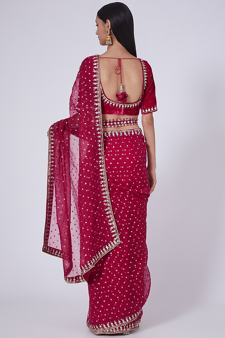 Cherry Red Sequins Embroidered Wedding Saree Set With Mask by Ivory by dipika at Pernia's Pop Up Shop