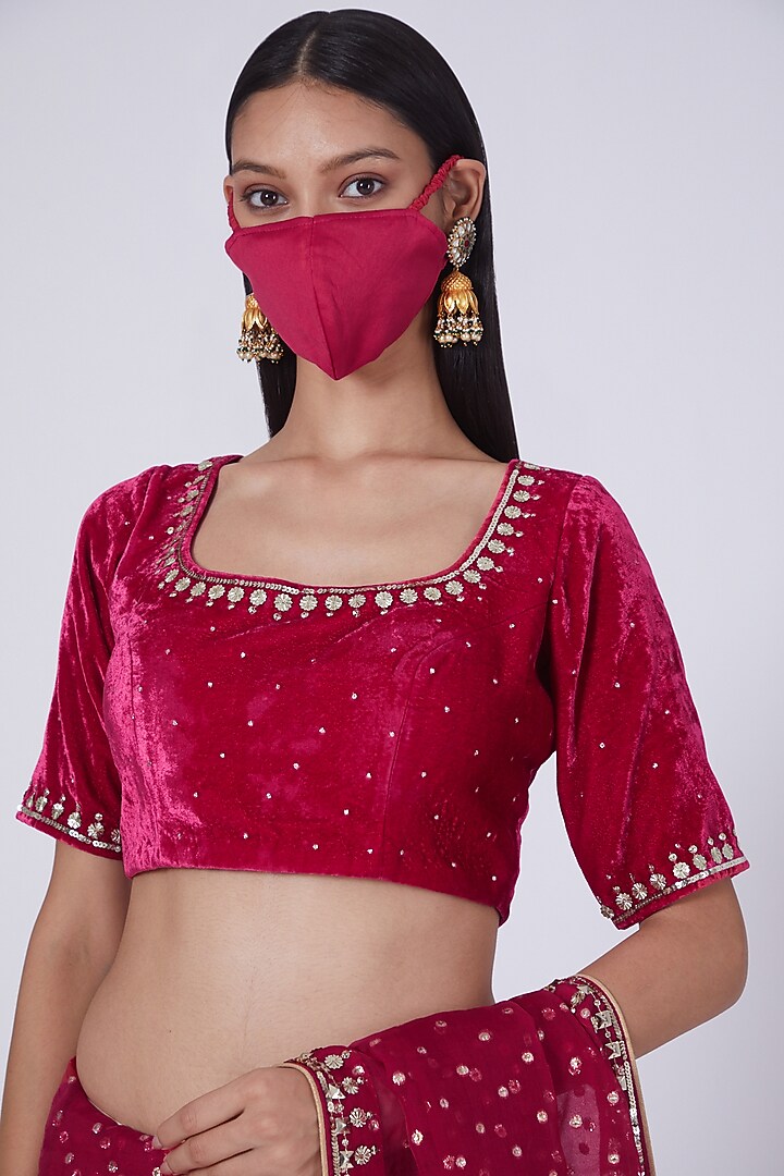 Cherry Red Sequins Embroidered Wedding Saree Set With Mask by Ivory by dipika at Pernia's Pop Up Shop