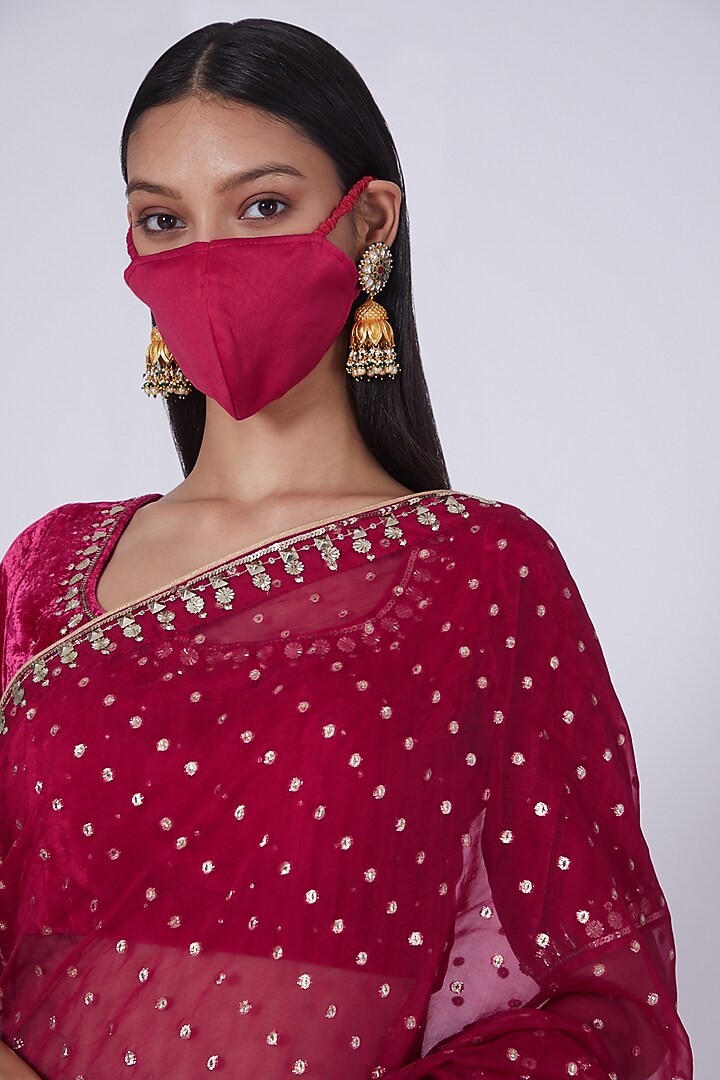 Cherry Red Sequins Embroidered Wedding Saree Set With Mask by Ivory by dipika at Pernia's Pop Up Shop