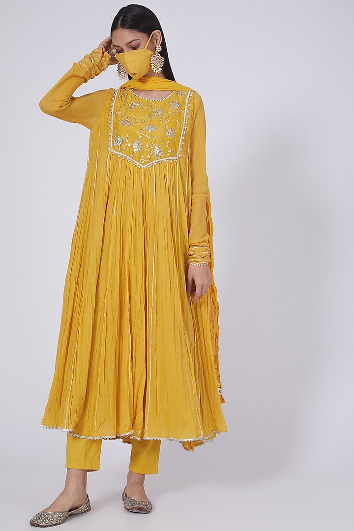 Mustard Sequins Embroidered Crinkled Anarkali Set With Mask by Ivory by dipika