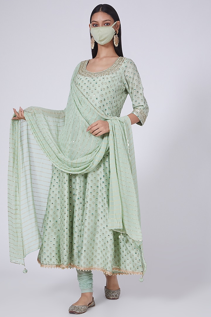 Aqua Sequins Embroidered Flared Anarkali Set With Mask by Ivory by dipika