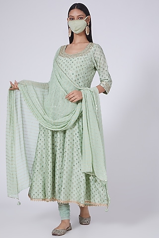 Aqua Sequins Embroidered Flared Anarkali Set With Mask by Ivory by dipika