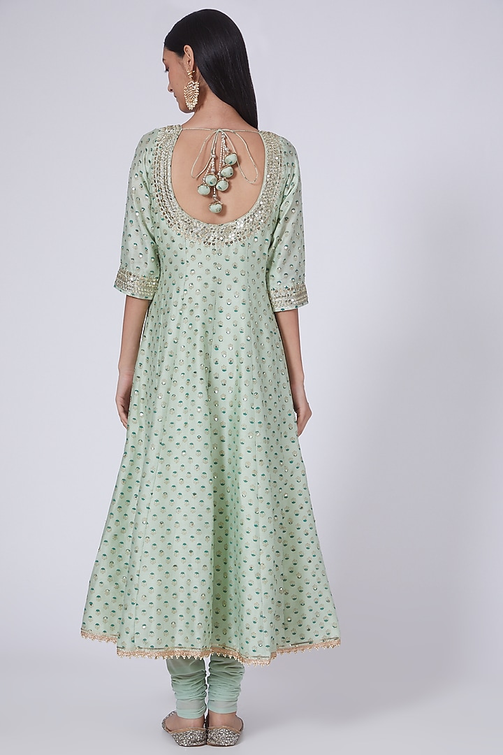 Aqua Sequins Embroidered Flared Wedding Anarkali Set With Mask by Ivory by dipika at Pernia's Pop Up Shop