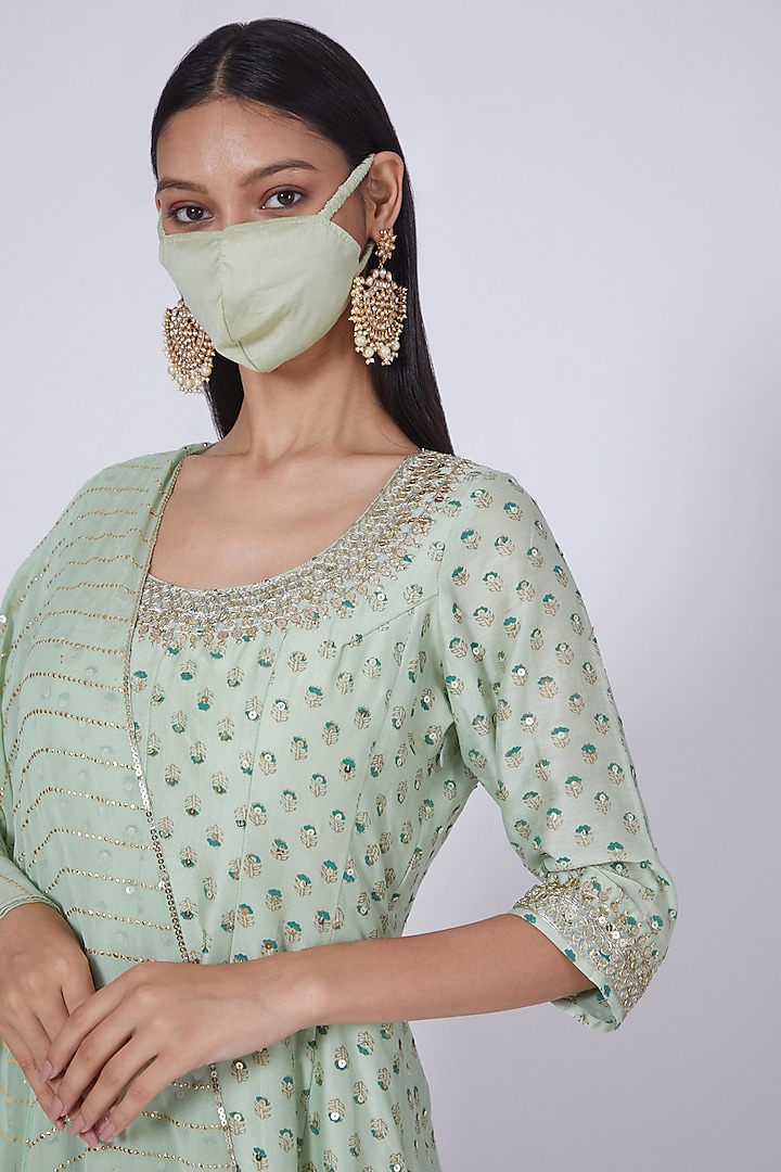 Aqua Sequins Embroidered Flared Wedding Anarkali Set With Mask by Ivory by dipika at Pernia's Pop Up Shop