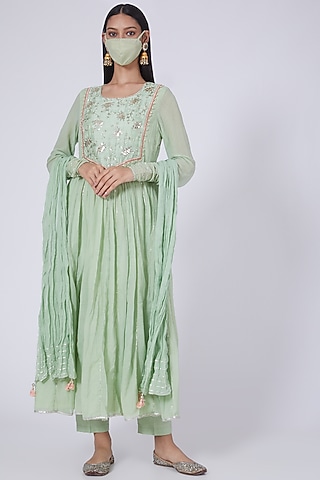 Aqua Sequins Embroidered Crinkled Anarkali Set With Mask by Ivory by dipika