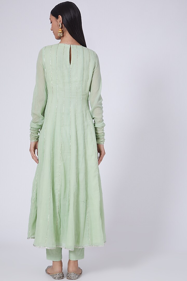 Aqua Sequins Embroidered Crinkled Party Wear Anarkali Set With Mask by Ivory by dipika at Pernia's Pop Up Shop
