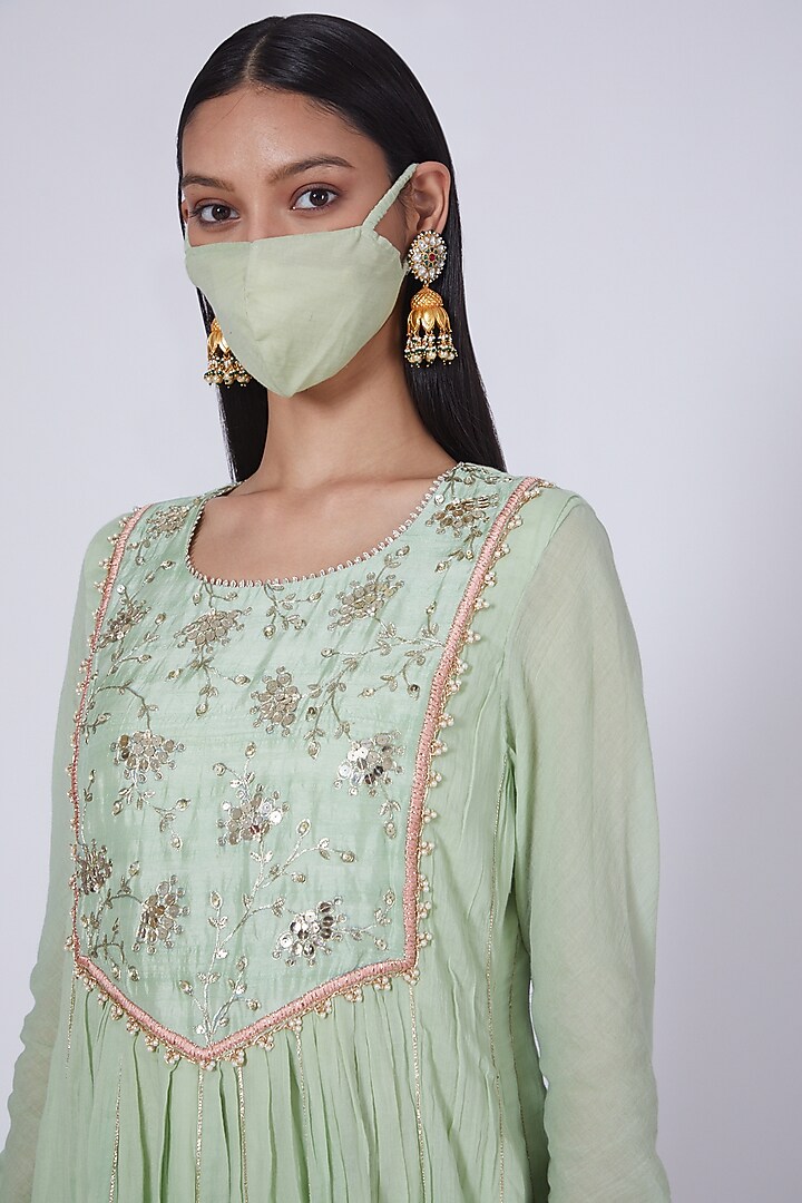 Aqua Sequins Embroidered Crinkled Party Wear Anarkali Set With Mask by Ivory by dipika at Pernia's Pop Up Shop