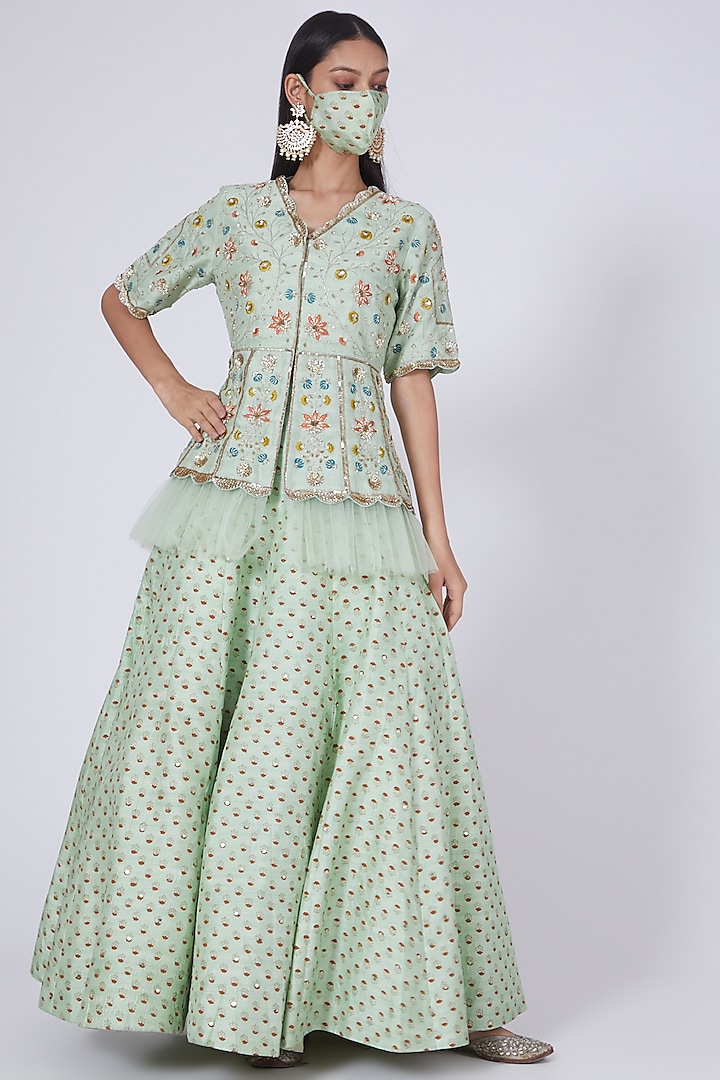 Aqua Block Printed High-Waisted Skirt Set With Mask by Ivory by dipika