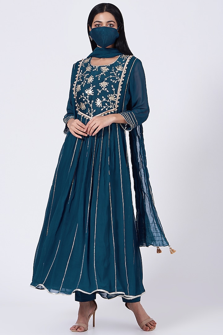 Indigo Sequins Embroidered Anarkali Set by Ivory by dipika