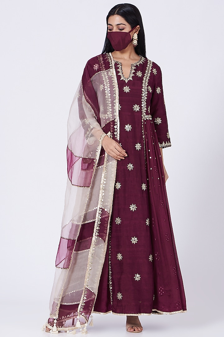 Wine Sequins Embroidered Long Anarkali Set by Ivory by dipika