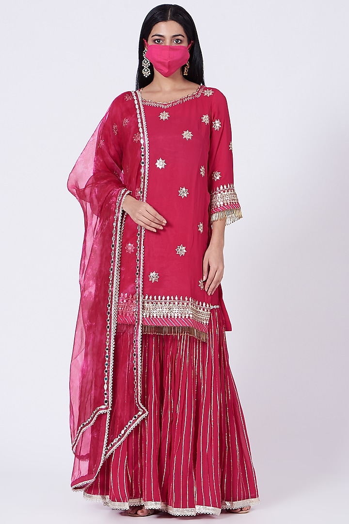 Hot Pink Georgette Sequins Embroidered Gharara Set by Ivory by dipika