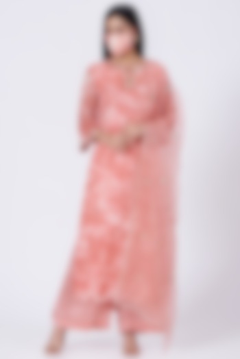 Peach Sequins Embroidered Tie-Dyed Straight Kurta Set by Ivory by dipika