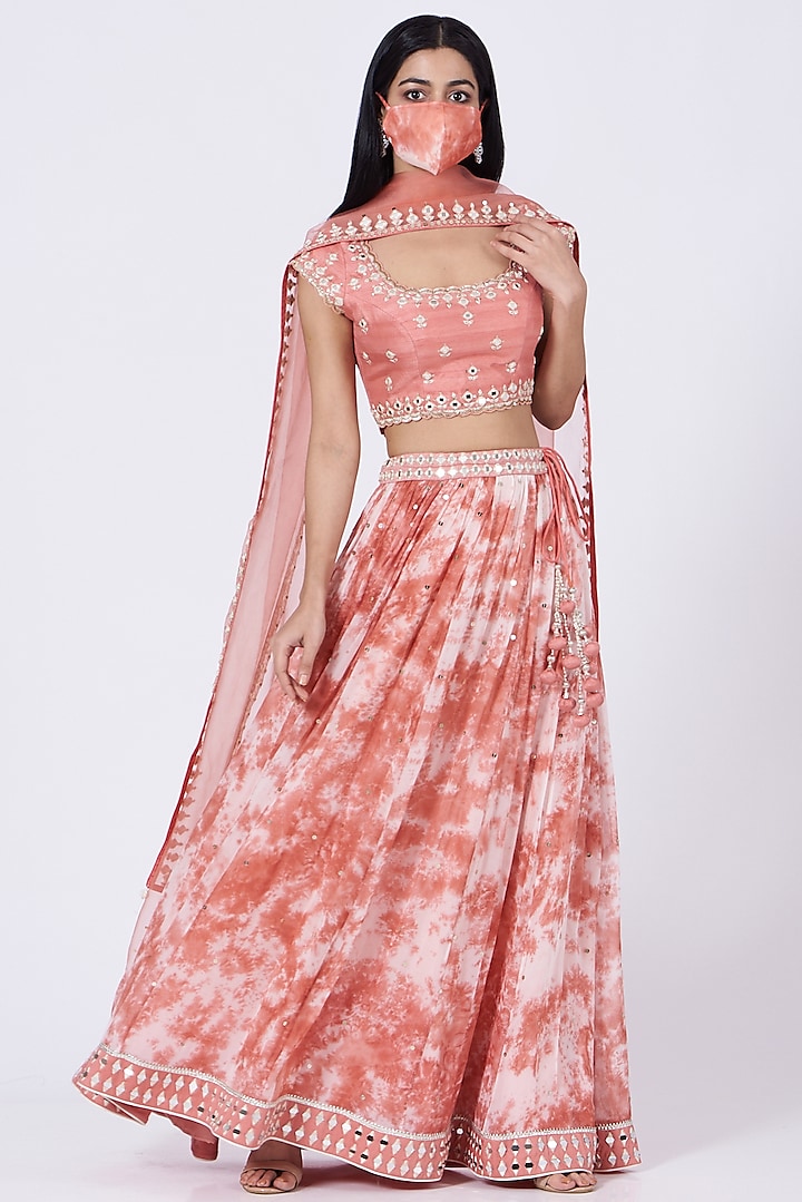 Peach Marble Tie-Dyed Lehenga Set by Ivory by dipika
