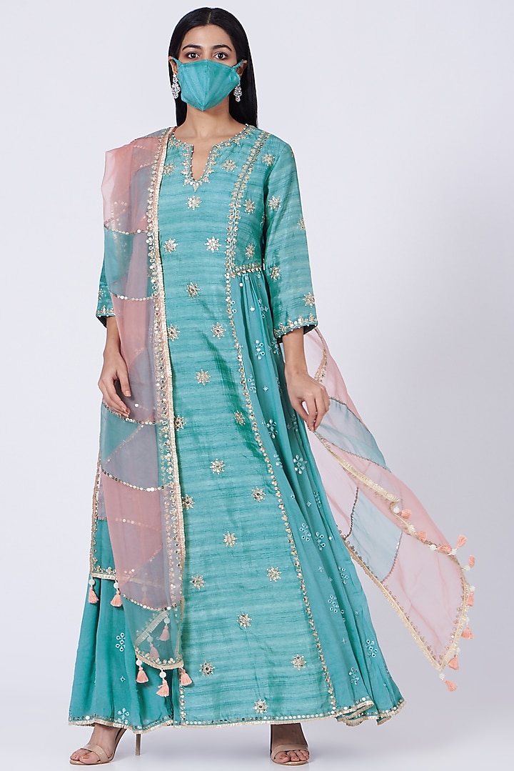 Powder Blue Sequins Embroidered Long Anarkali Set by Ivory by dipika