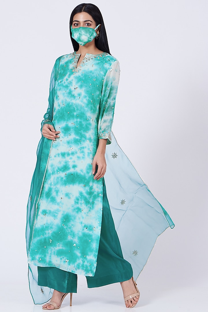 Turquoise Marble Tie-Dyed Straight Kurta Set by Ivory by dipika