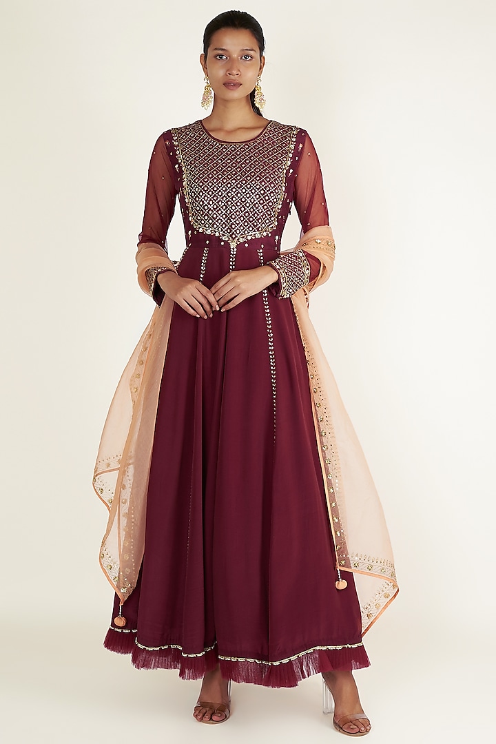 Plum Embroidered Anarkali Set by Ivory by dipika